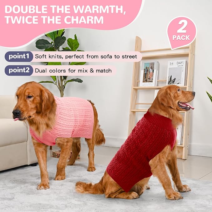 Dog Sweater 2 Pack for Large Dogs, Size XXL, Pink & Red | Stretchy cable knit turtleneck, machine washable, high belly cut, comfy winter fit for Golden Retriever, Labrador
