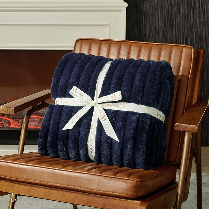 Faux Fur Throw Blanket for Couch, Cozy Fuzzy Fluffy Fur Luxurious Soft Striped Plush Gift Blankets for Family Sofa Chair Bedroom, 55"x70", Navy Blue