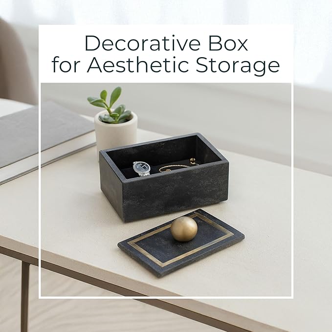 Decorative Rectangular Box with Knob – Marble & Metal Modern Decorative Box for Home Decor – Jewelry, Keepsakes, Accent Table Storage for Living Room, Bedroom, Office – 5", Black