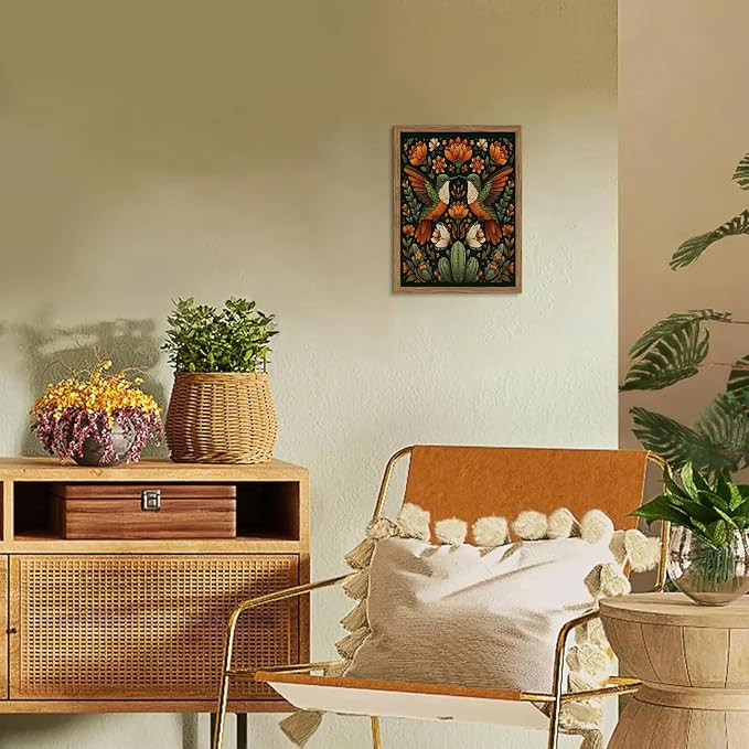 Framed Mexican Hummingbird Wall Art, Vintage Birds Animal Canvas Wall Decor Painting, Colorful Floral Cactus Botanical Poster Print Picture for Living Room Bedroom Bathroom 12x16 Inch