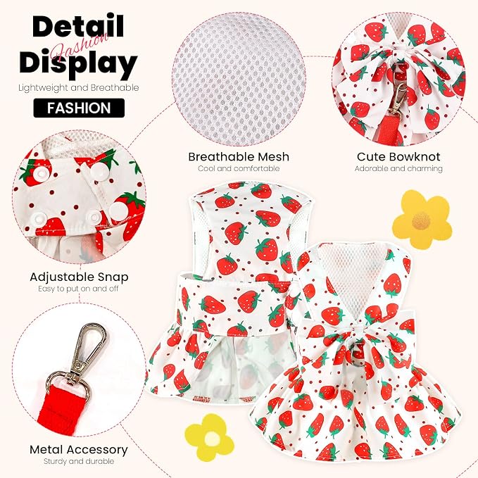 ABRRLO Cute Dog Dress Small Dog Clothes for Girls Female Puppy Outfits Red Strawberry Pet Summer Clothes Bowknot Doggy Cat Princess Dresses Harness for Holiday Birthday Party Costume Clothing (Red,S)