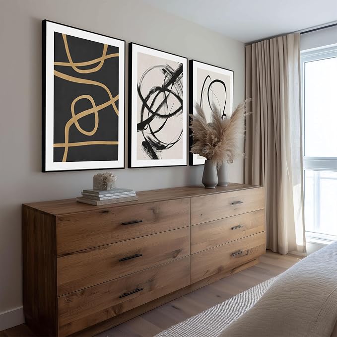 SAFERRYHOME Abstract Graffiti Black and White Wall Art,3 Panels 24x36 Inch | Black and Gold Framed Canvas Print Set, Mid-Century Modern Geometric Sketches Lines for Living Room, Bedroom, Office, Hallway