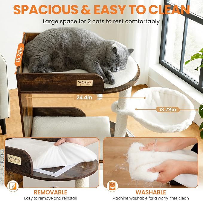 44.8in Modern Wood Cat Tree Tower for Indoor Large Cats with Perch | Multi-level Big Platforms, Sisal Scratching Posts, Cozy Hammock, Washable Pads, Ideal for Windows and Corners, Rustic Brown