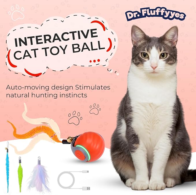 Interactive Cat Toy Ball - Motion-Activated, USB Rechargeable Cat Toys for Indoor Cats with Anti-Scratch Cover & 2 Changeable Tails - Enrichment Toy for Active Cats & Kittens
