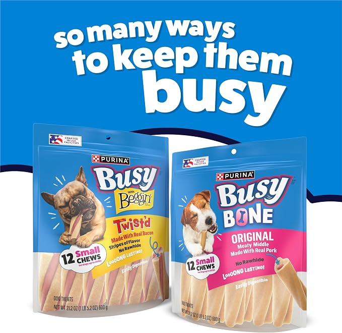 Purina Busy Bone Adult Small Dog Chew Treats, Original, (8) 4 ct Pouches | Rawhide free chew with a real meat center for small dogs up to 35 lbs, long lasting chew that helps clean teeth