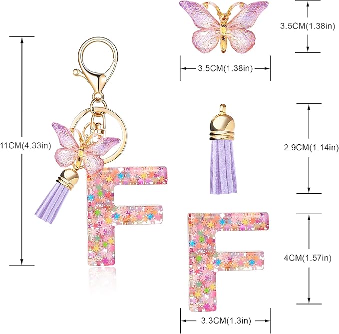 Fashion Alphabet Initial Letter Keychain Tassel Butterfly Pendant Key Ring for Purse Handbags Women Girl