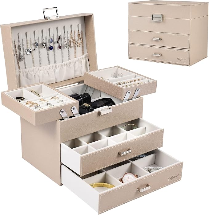 Jewelry Organizer Box, Large Jewelry Boxes for Women Girls, Space-Saving 4 Layers Jewelry Storage Case with Drawer, Movable Metal Stand, Modern, Gift Idea (Champagne + Silver)