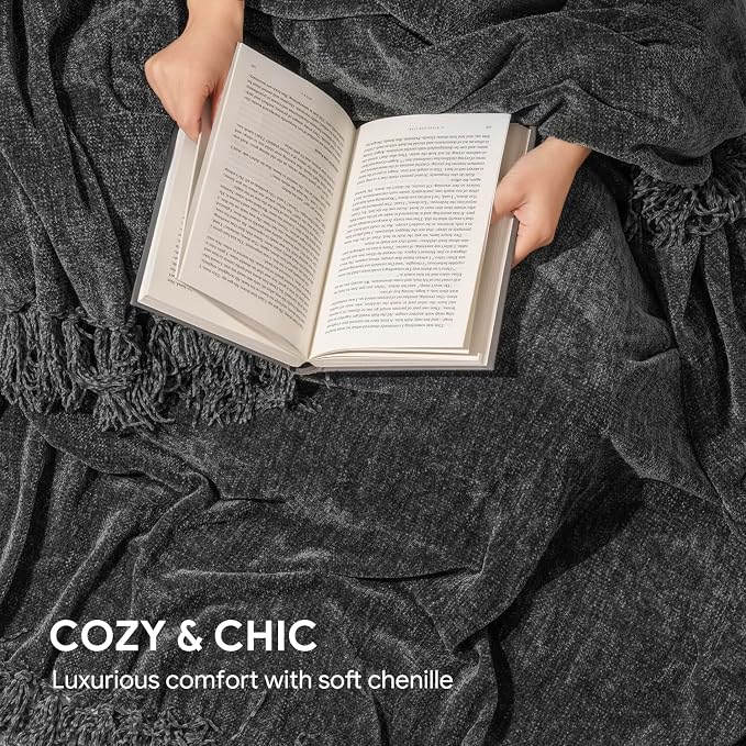 RECYCO Chenille Throw Blanket for Couch, 60" x 80", Dark Gray | Super Soft Knit Throw Blanket with Fringe Tassels, Lightweight Knitted Throw, Cozy, Ideal for Sofa Chair Bed Living Room Gift