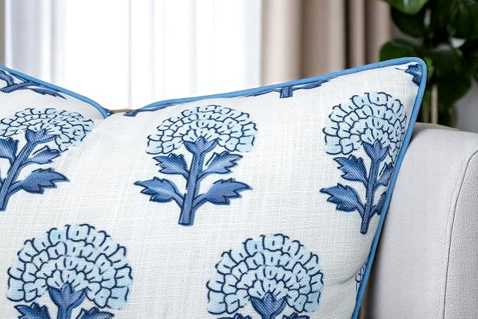 Marigold Floral Print 20x20 Pillow Covers Set of 2, Blue | Blue marigold floral on off-white slub, blue piping; both sides printed; hidden zip; cover only