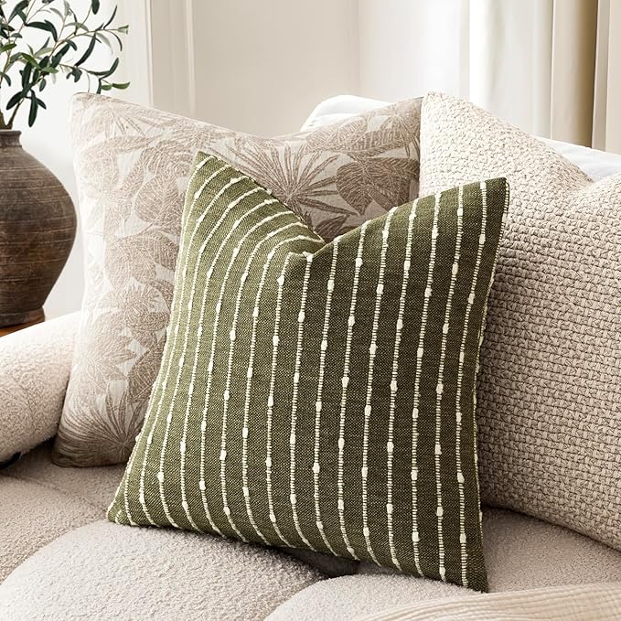 Foindtower Pack of 2 Decorative Jacquard Boucle Throw Pillow Covers Accent Textured Striped Pillowcases Cozy Modern Cushion for Couch Sofa Bedroom Living Room Home Decor 18x18 Inch Olive Green