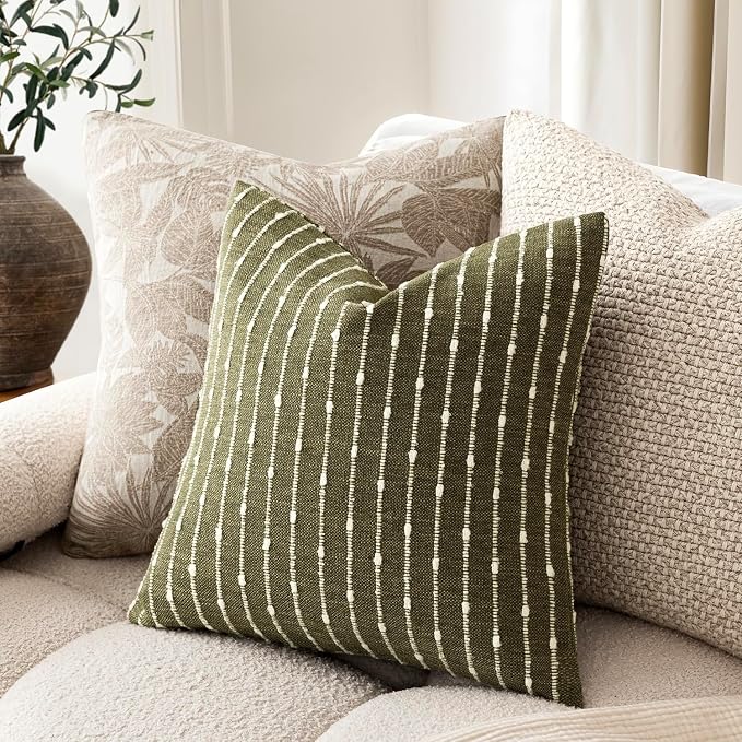 Foindtower Pack of 2 Decorative Jacquard Boucle Throw Pillow Covers Accent Textured Striped Pillowcases Soft Boho Modern Cushion for Couch Sofa Bedroom Living Room Home Decor 20x20 Inch Olive Green