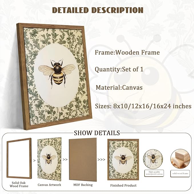 Framed Vintage Bee Wall Art, Cottagecore Floral Botanical Decor, Rustic Garden Insect Pictures Poster, Oval Bumblebee Canvas Print Wall Decor for Bedroom Living Room 16x24 inch