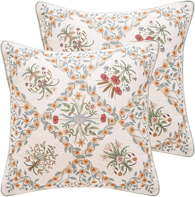 Vintage Linen Throw Pillow Cover,Set of 2,18"x18"-Serenity A | Designer Elegant Square Pillow Cover,Concealed Zipper Design,Floral Pattern,Sofa,Bedroom,Living Room,Lounge Chairs