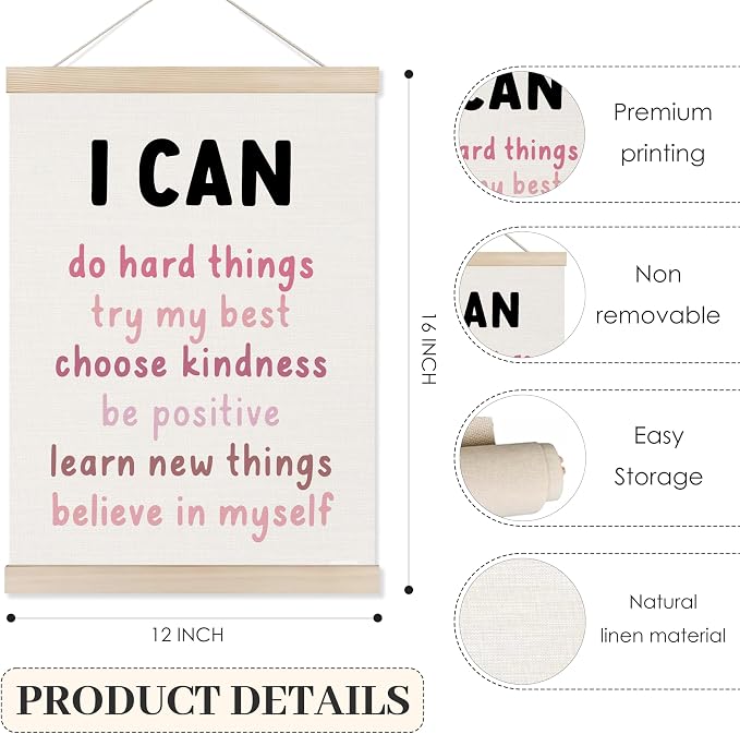Koesus Inspirational Classroom Pink Rainbow Wall Art Poster Hanger Frame 12x16 Inch Set of 3, Positive Affirmations for Kids, Motivational Canvas Prints Framed Wall Decor for Classroom Kids Room