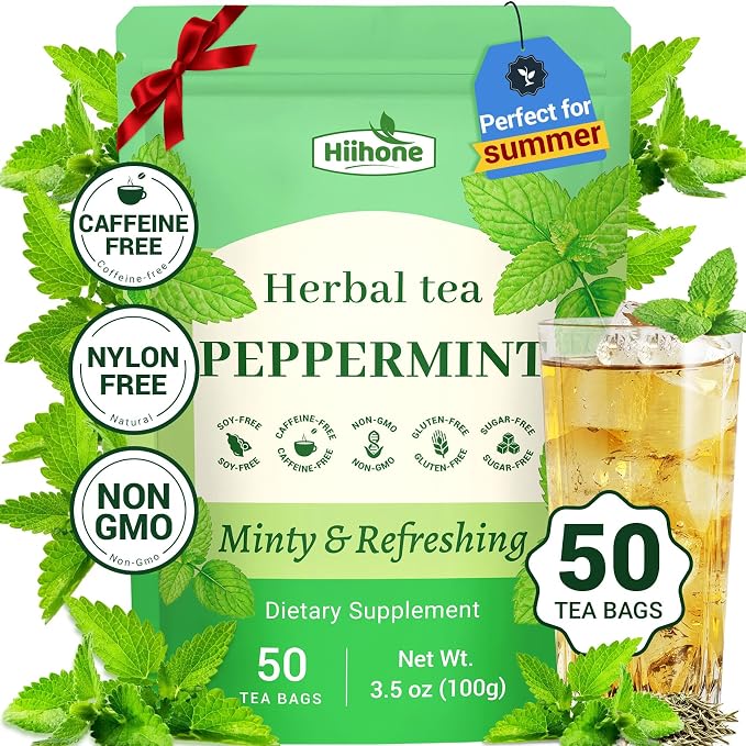 Hiihone Peppermint Tea Bags 50 Count – Pure Peppermint Mint Tea, Caffeine-Free Herbal Tea, Cooling & Refreshing, Non-GMO, Soothing, Supports Digestion & Fresh Breath, Hot or Iced