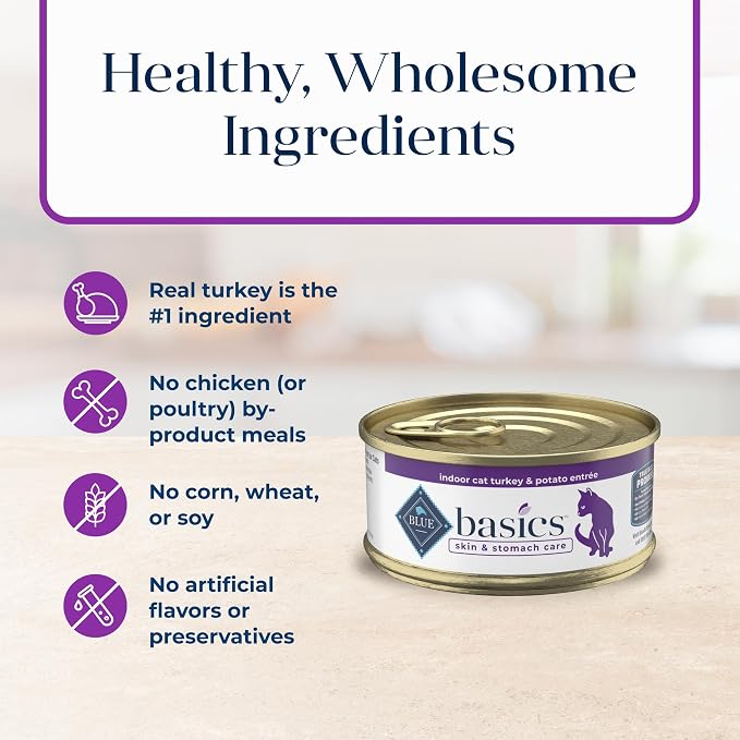 Blue Buffalo Basics Turkey Adult Grain-Free Wet Cat Food, 5.5 oz, 24 ct | Skin & Stomach Care, Real Turkey #1 Ingredient, Limited Ingredient Diet, Antioxidant-Rich LifeSource Bits, Skin & Coat Health