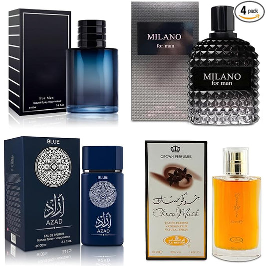 AFLUXE 4-Piece Cologne for Men Includes Choco Musk/SE/AZAD Blue/Milano Scent of Woody, Spicy, Citrus & Aromatic eau de parfum Men Gift Set Each 100Ml for Daily Use