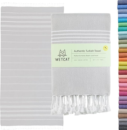 WETCAT Turkish Beach Towel Oversized (38"x71") 100% Turkish Cotton, Made in Turkey - Sand Free, Extra Large, Ultra Soft, Quick Drying, Compact & Lightweight for Travel - Light Grey