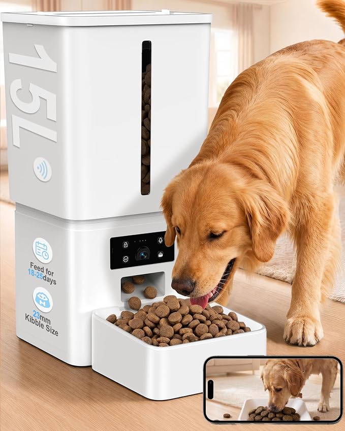 Automatic Dog Feeder Large Breed, 15L/63 Cups Auto Dog Food Dispenser | Anti-Clog Design for 2–23mm Large Kibble, 1080P HD Camera ＆ Night Vision, Easy Setup 5G WiFi App Control for Busy Pet Parents