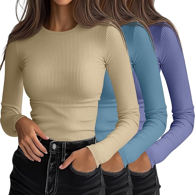 Ficerd 3 Pack Women's Ribbed Long Sleeve Tops, Crew Neck Slim Fit Undershirts Knit Basic Casual Stretch Layering Tee Shirts