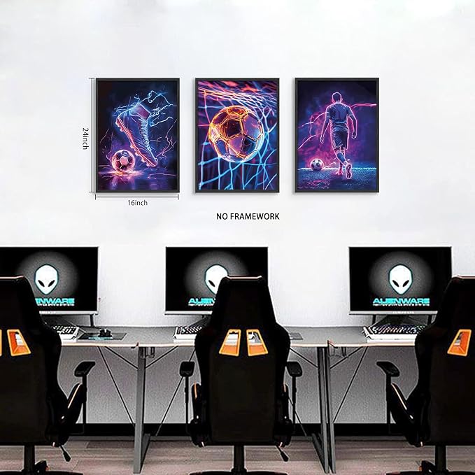 BGFCE Cool Soccer Gaming Wall Art Posters Set of 3, Neon Video Gamer Canvas Pictures, Colorful Soccer Game Painting Prints for Boys Room, Gaming Room Decor for Kids Gamer Room 16x24 inch Unframed