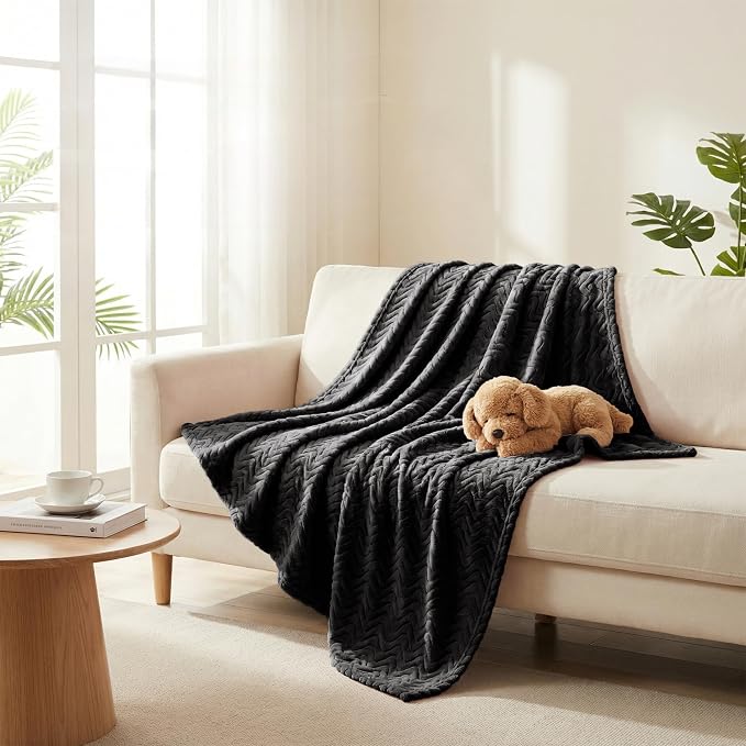 Exclusivo Mezcla Soft Fleece Blanket Twin Size for Bed, Sofa, Black | 90"x66" Breathable Lightweight Flannel Blanket for Summer, Plush Cozy Jacquard Wave for Home Decor