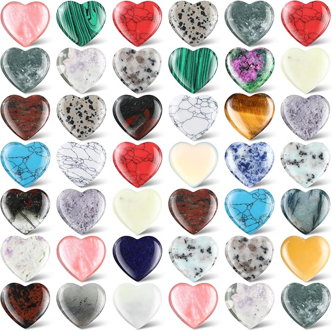 Nuenen 40 Pcs 1 Inch Heart Shaped Crystal Valentines Gift Worry Stone Bulk Heart Rock Tiny Trinkets Healing Crystal Gemstone Palm Pocket Love Carved Rock for Mom Women Meditation