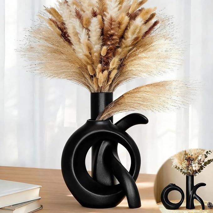 Assemble OK Ceramic Vase Set of 2 for Home Decor, Modern Boho Ins Style Matte Vase for Pampas Grass for Table Centerpiece, Living Room, Shelf, Mantle, Housewarming Gift (Black Vase)