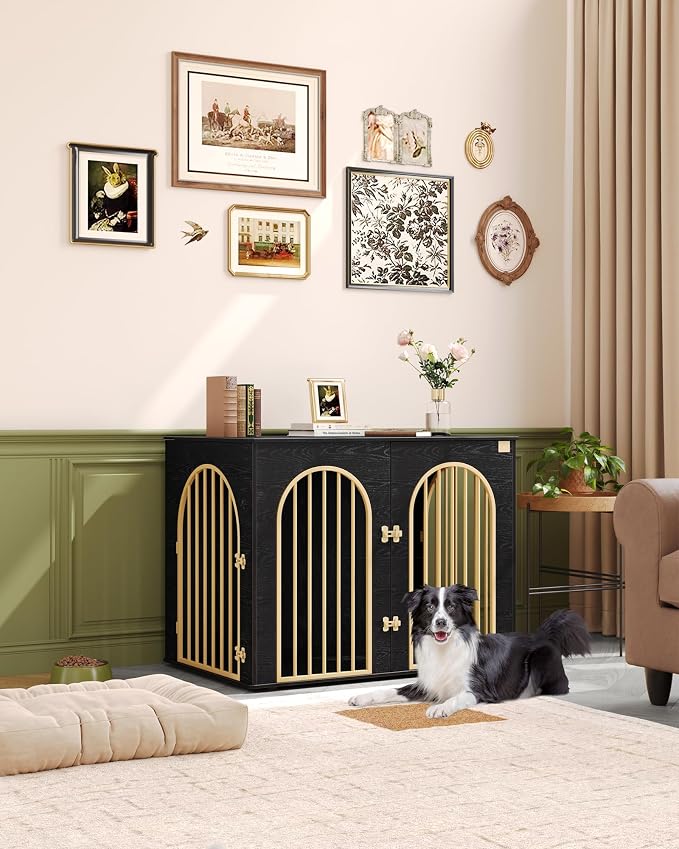 Hzuaneri 44.1'' Dog Crate Furniture,Dog Kennel Indoor for Medium/Large Dogs | Dog Kennel Furniture Wooden Dog Cage Heavy Duty Dog Crate Decorative Pet House End Side Table TV Stand,Black Gold DFC83904A