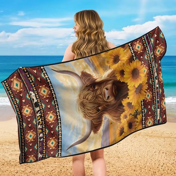 INSTANTARTS Aztec Sunflower Highland Cow Car Seat Towel Cover Yoga Towel Car Seat Cover