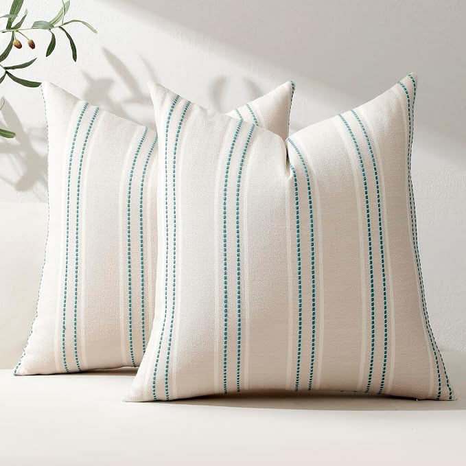 Hckot Stripe Throw Pillow Covers 20x20 Set of 2 Teal Blue Pillow Covers | Farmhouse Decorative Pillows Textured Linen Square Cushion Covers for Sofa Couch Bed Living Room Decor