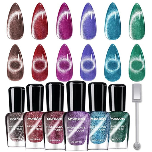 Morovan Magnetic Nail Polish Set：Cat Eye Glitter Red Green Purple Blue Nail Polish Kit Shimmer Quick Dry Nail Kit Bulk for Women Nail Art Manicure Salon Gift Holiday Party