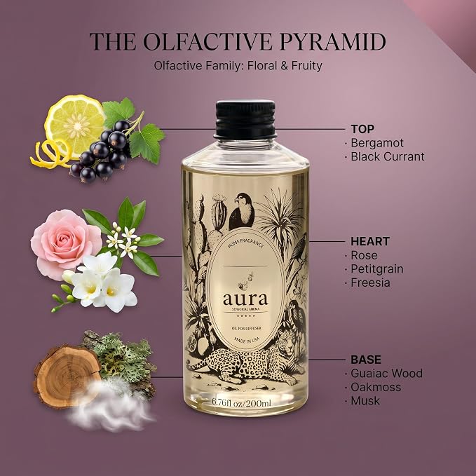 Aura Cassis | Wild Rose & Cassis Berry Fragrance Oil for Diffusers | Inspired by Dipty. que L'Ombre Dans l'Eau | Floral Fruity Scent | Aromatherapy | Home & Bedroom | 6.7 fl oz (200ml) | Long Lasting