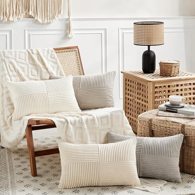 Fancy Homi Neutral Taupe Long Lumbar Decorative Throw Pillow Covers 16x24 Inch for Couch Bed, Rustic Farmhouse Boho Home Decor, Soft Striped Corduroy Rectangle Accent Cushion Case 40x60 cm