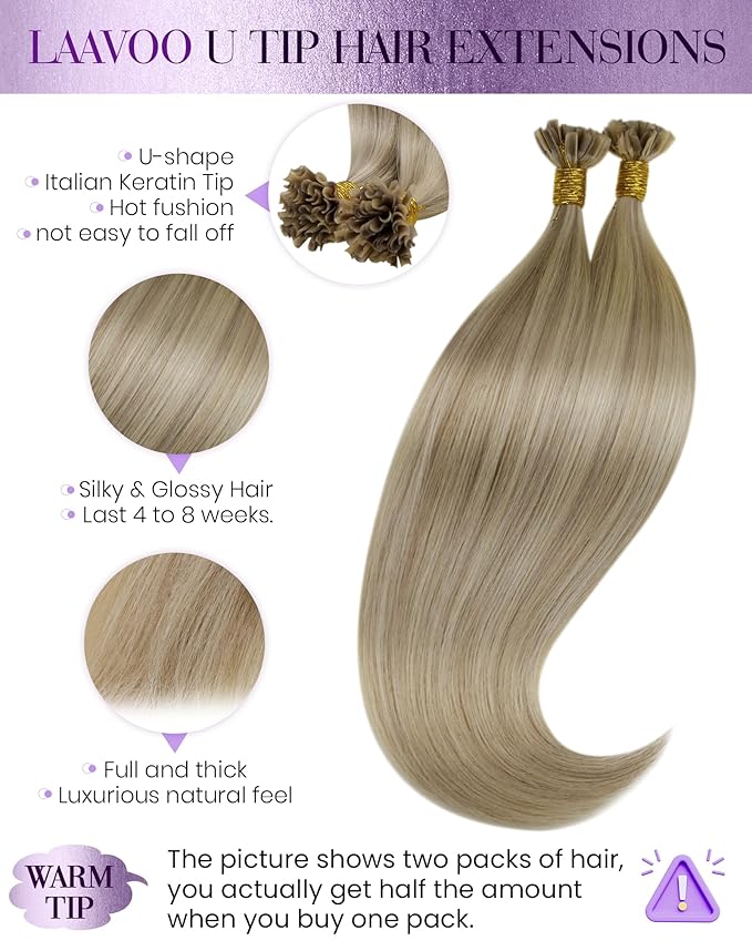 LaaVoo U Tip Hair Extensions Human Hair Balayage K Tip Hair Extensions Golden Blonde Highlights Light Blonde KTips Human Hair Extensions Blonde Silky Straight 16in 100g 100s