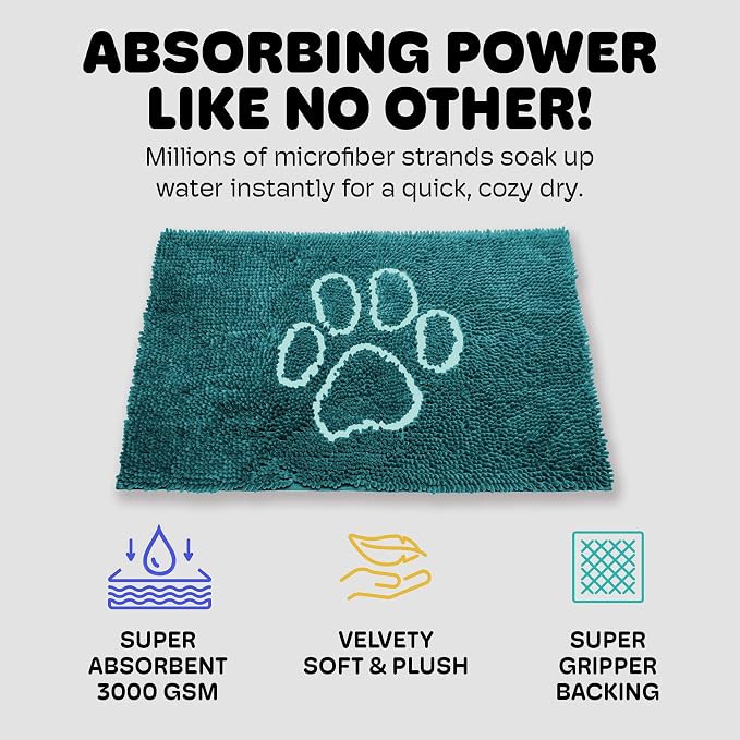 Dog Gone Smart Dirty Dog Doormat - Fast Drying Rug - Petrol, 35 x 26 in | Super Gripper Backing for Clean Floors - Absorbent Microfiber and Machine Washable Mat for Muddy Paws