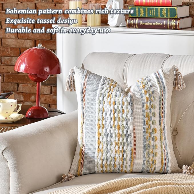 Set of 2 Chenille Striped Textured Boho Throw Pillow Covers Aesthetic with Tassels Woven Decorative Pillow Case for Couch Bed Sofa Bedroom Modern Funky 18 x 18-Inch Grey