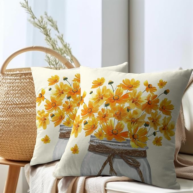 Kawani Yellow Floral Throw Pillow Covers 20x20 Set of 2 Watercolor Coreopsis Daisy Flowers Mason Jar Decorative Pillow Cases Cotton Linen Cushion Cover for Couch Sofa Outdoor Home Decor