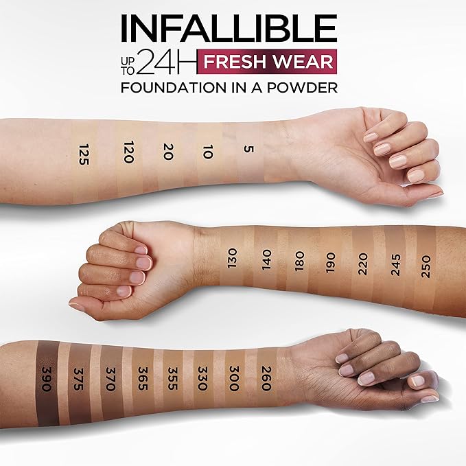 L'Oreal Paris Makeup Infallible Fresh Wear Foundation in a Powder, Up to 24H Wear, Waterproof, Mocha, 0.31 oz.