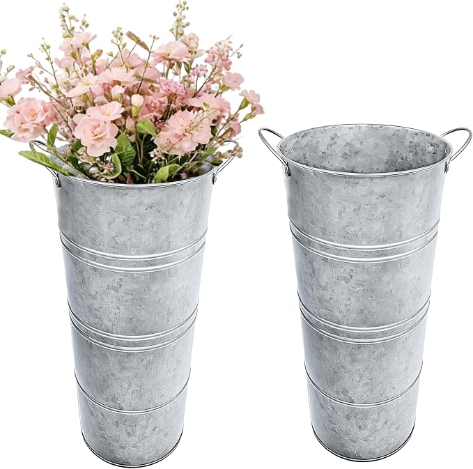 15 Inch Galvanized Metal Flower Buckets, Set of 2 - Rustic Tin Vases with Handles for Farmhouse & Wedding Decor, Tall Planters for Cut Flowers, Table Centerpiece & Home Organization