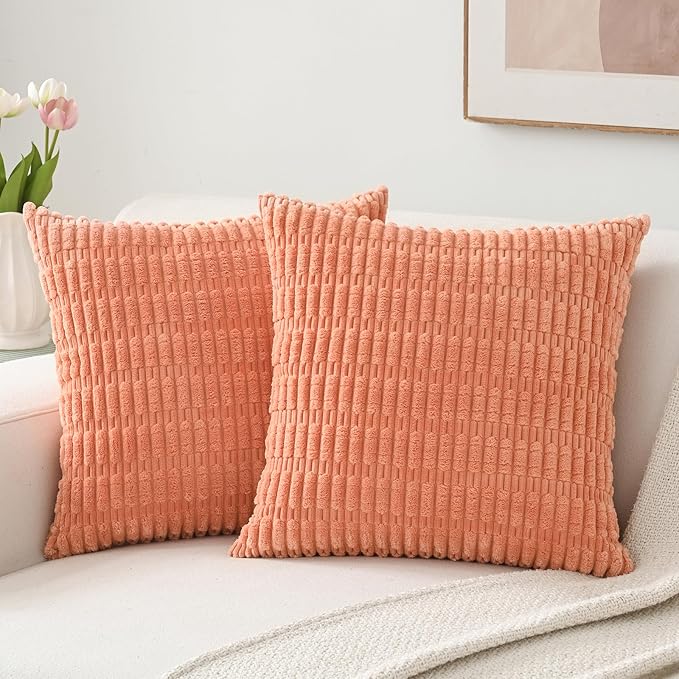 Volcanics Pack of 2 Corduroy Decorative Coral Throw Pillow Covers 18x18 | Soft Striped Square Cushion Cases, Modern Farmhouse Boho Home Decor