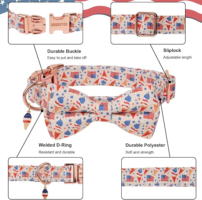 ADOGGYGO Patriotic Dog Collar with Bow Tie, Detachable Ice Cream Print Bowtie, Adjustable 4th of July Collar for Large Dogs (L)