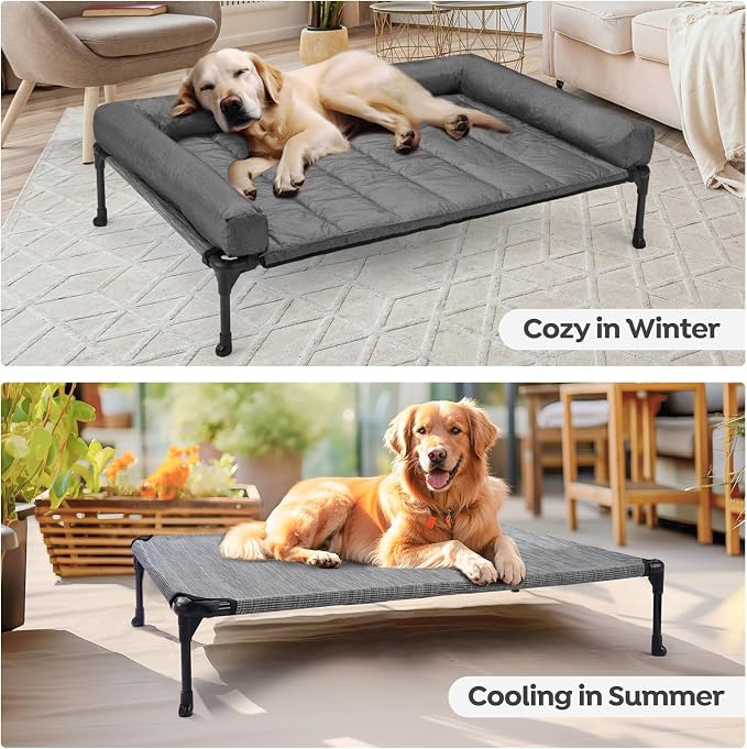 Veehoo Outdoor Elevated Dog Bed with Waterproof Bolster Cushion, Cooling | Raised Dog Bed with Removable & Washable Mat Topper, Breathable Mesh, Dog Couch Cot for Indoor Outdoor, 42", Large, Melange