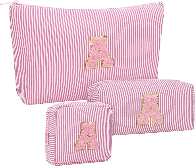 MONSTINA Initial Makeup Bag,Monogram Cosmetic Pouch,Personalized Make Up Case for Girlfriend Graduation Teacher Gifts,Cute Toiletry Bag Preppy Chenille Letter Patch,Pink A