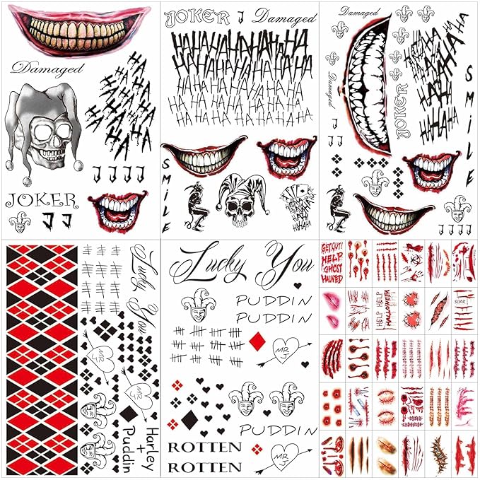 35 Sheets Large-size Halloween Temporary Joker Tattoos, Halloween Fake Scar Tattoos, Halloween Fake Joker Tattoos Stickers - Perfect for Halloween, Parties, Cosplay and Costumes