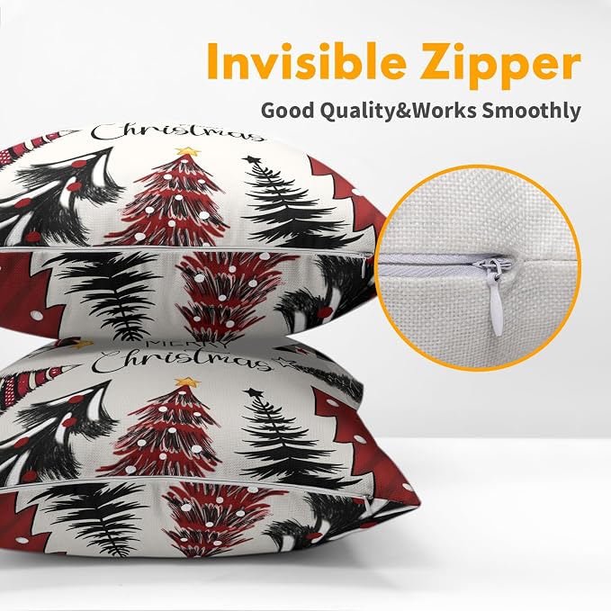 Kawani Christmas Trees Throw Pillow Covers Set of 2, 22x22 Inch Farmhouse Xmas Black Red Pine Tree Winter Square Pillowcase Linen Cushion Case for Bed Couch Indoor Outdoor Home Decor