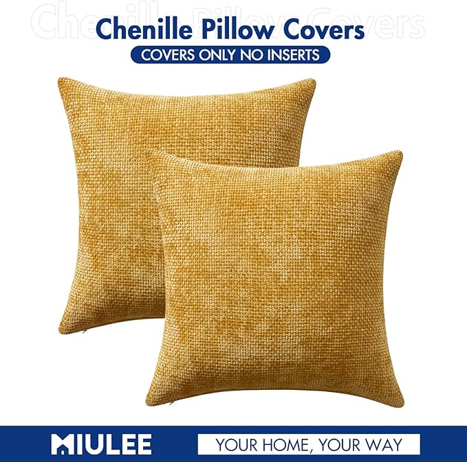 MIULEE Decorative Lumbar Throw Pillow Covers 12x20 in Mustard Yellow 2 Pack | Modern Boho Accent, Soft Chenille Pillow Covers, Farmhouse Cushion Cases for Couch Bed Sofa Living Room Home Decor