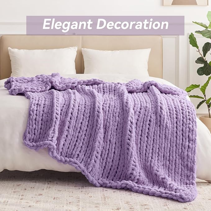 Negwoo Chunky Knit Throw Blanket, Knitted Throw Chenille Yarn, 30"*40" | Soft Thick Cable Knitted Blankets, Handmade Big Thick Blanket,Machine Washable Cute Comfy Blanket for Home Decor,Light purple