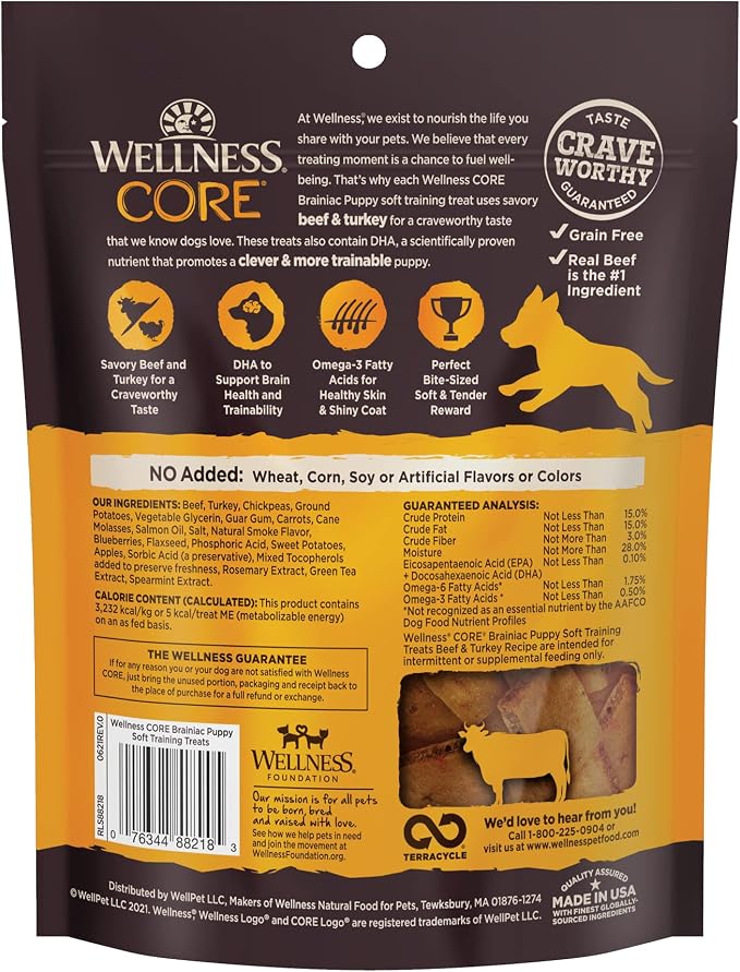 Wellness CORE Brainiac Soft Puppy Training Treats, Natural, Grain Free, Beef and Turkey Recipe, 6 Ounce Bag (Pack of 2)