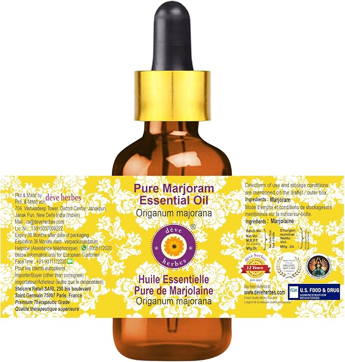 Deve Herbes Pure Marjoram Essential Oil (Origanum majorana) with Glass Dropper Steam Distilled 50ml (1.69 oz)